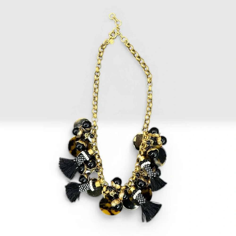 J. Crew Statement Gold Chain Tortoiseshell Tassel Charm Necklace Preppy‎ Glam